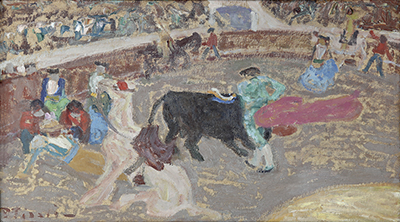 Pedro Figari.&nbsp;Plaza de toros. &Oacute;leo sobre cart&oacute;n, 30 x 50,5 cm. c. 1922. Acervo Museo Figari