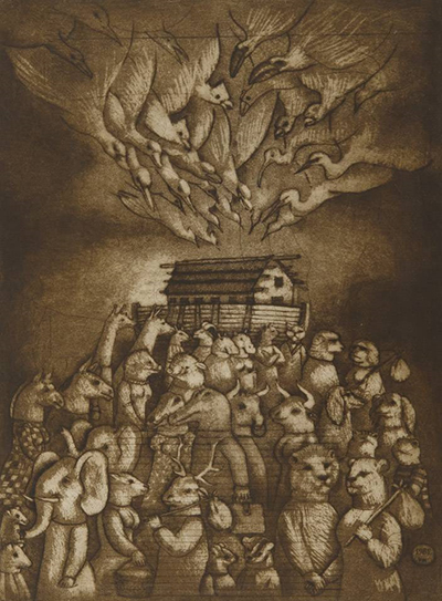 Luis Solari. "El arca de No&eacute;" Aguafuerte, aguatinta y punta seca sobre papel, 1982. Acervo Museo Nacional de Artes Visuales