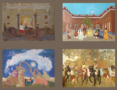 4 pinturas de Figari, mujeres de vestido, hombres a caballo...